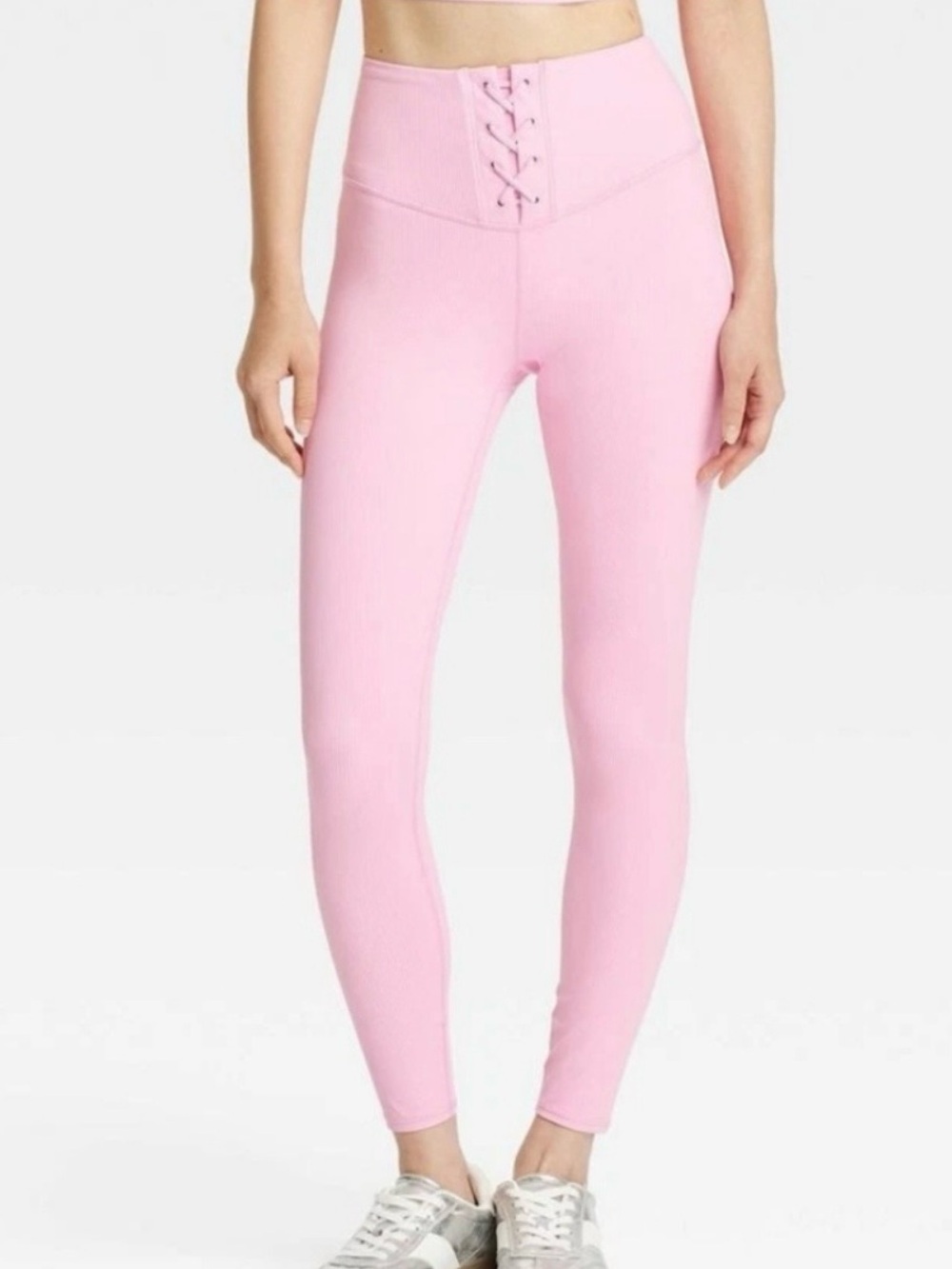 JoyLab Pink High-Waist Lace-Up Ribbed Leggings